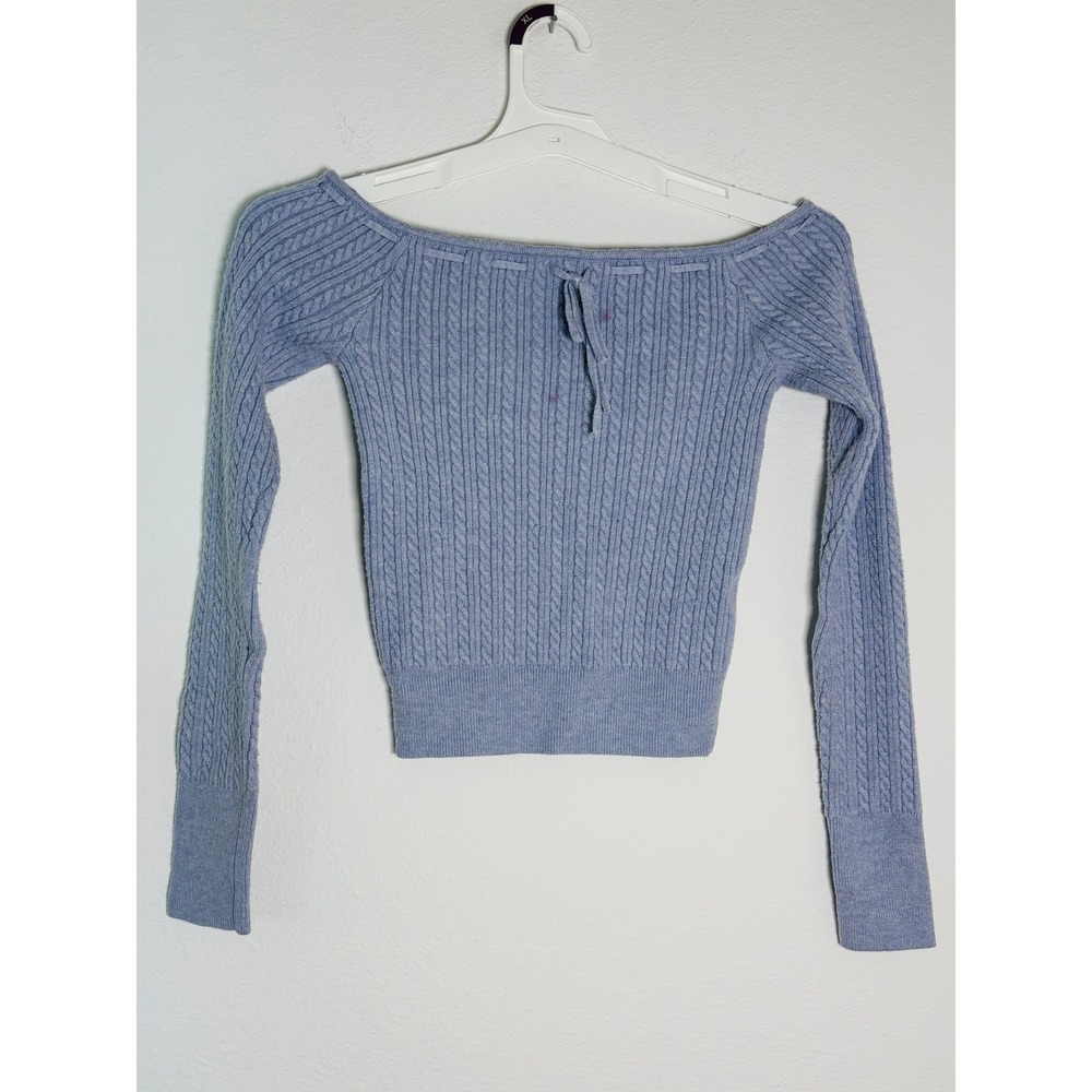 Hollister Womens Blue Cable Knit Off The Shoulder Long Sleeve Sweater Tie Front
